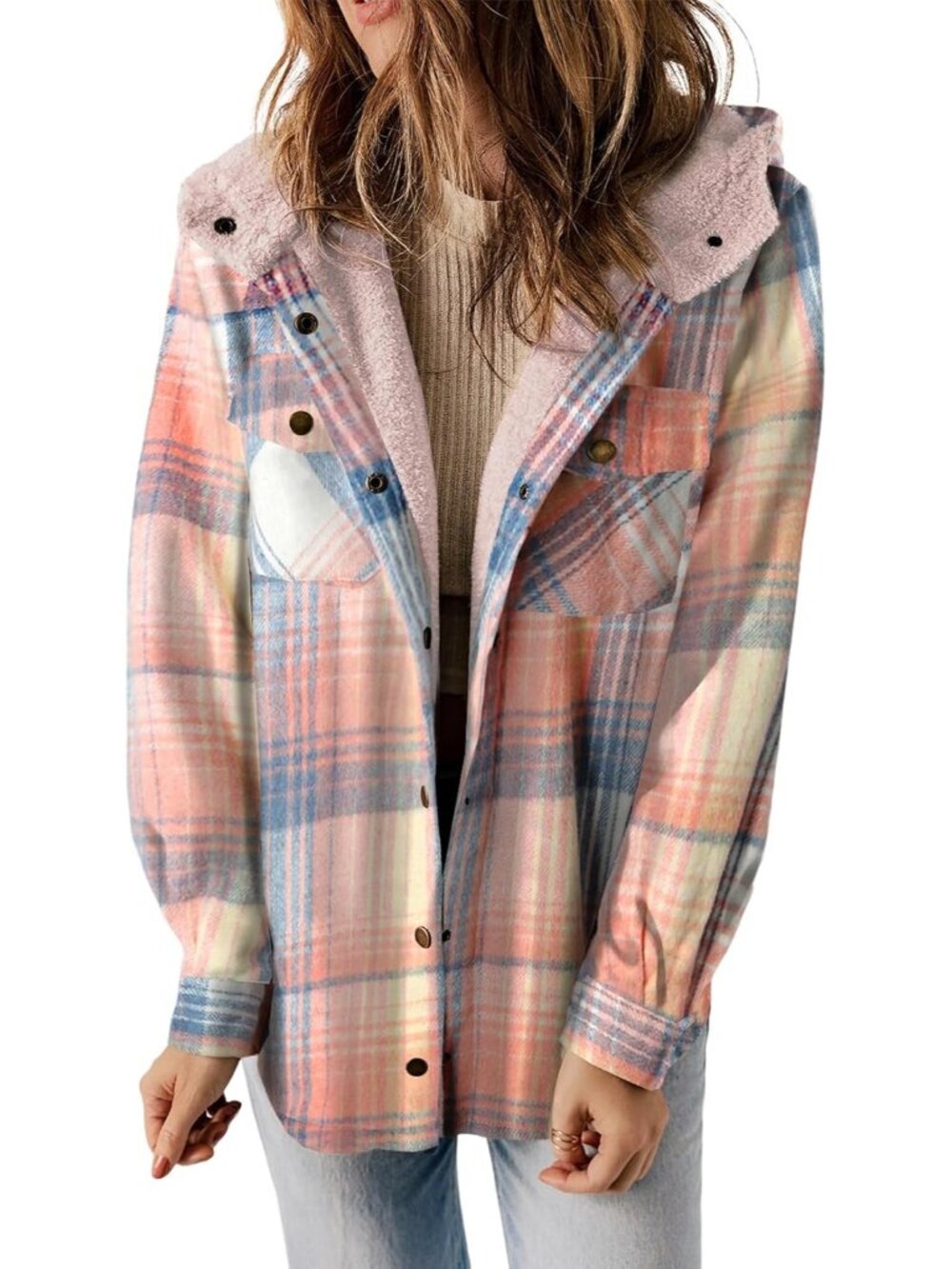 〽️Women's Pink Plaid Fleece Lined Hooded Shacket with Pockets